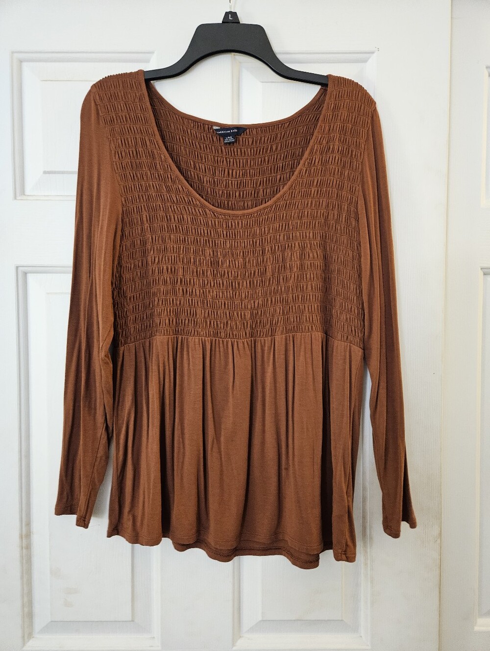 American Eagle Outfitters Rust Smocked Yoke Long Sleeve Top Large